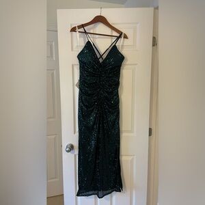 Azazie Flavia Peacock Sequin Backless Maxi Dress